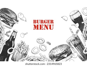 Burger Menu. Hand-drawn illustration of dishes and products. Ink. Vector 