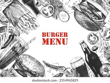 Burger Menu. Hand-drawn illustration of dishes and products. Ink. Vector 