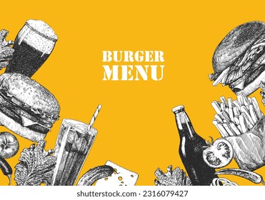 Burger Menu. Hand-drawn illustration of dishes and products. Ink. Vector 