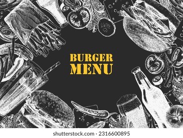 Burger Menu. Hand-drawn illustration of dishes and products. Ink. Vector 