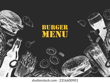 Burger Menu. Hand-drawn illustration of dishes and products. Ink. Vector 