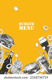 Burger Menu. Hand-drawn illustration of dishes and products. Ink. Vector 