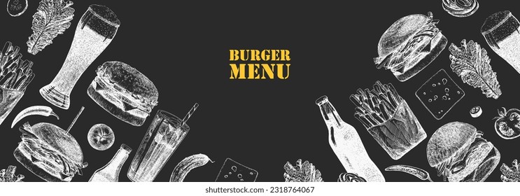 Burger Menu. Handgezeichnete Illustration von Speisen und Produkten. Ink. Vektorgrafik 