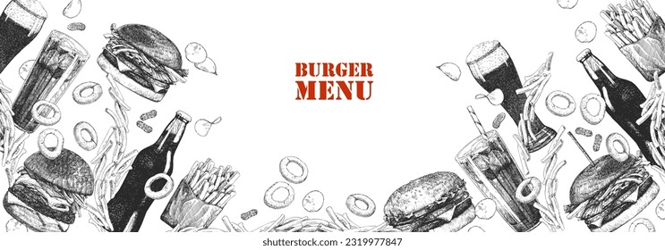 Burger Menu. Handgezeichnete Illustration von Speisen und Produkten. Ink. Vektorgrafik 