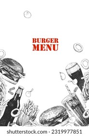 Burger Menu. Hand-drawn illustration of dishes and products. Ink. Vector 