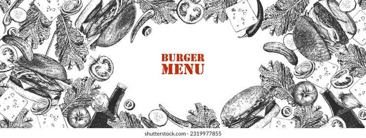 Burger Menu. Hand-drawn illustration of dishes and products. Ink. Vector 