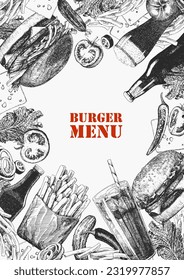 Burger Menu. Hand-drawn illustration of dishes and products. Ink. Vector 