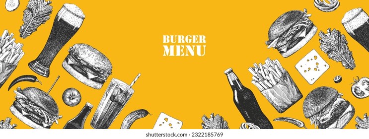 Burger Menu. Hand-drawn illustration of dishes and products. Ink. Vector 