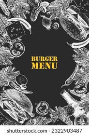 Burger Menu. Hand-drawn illustration of dishes and products. Ink. Vector 