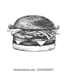 Burger Menu. Hand-drawn illustration of Burger. Ink. Vector 