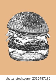 Burger Menu. Hand-drawn illustration of Burger. Ink. Vector 
