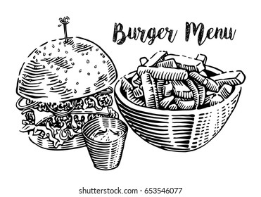 Burger menu lettering. Hand drawn breakfast illustration in engraving style. Burger, french fries and sauce. Vector black elements isolated on white background.