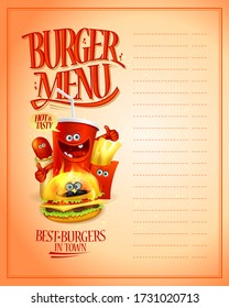 Burger menu list design, illustration with cartoon personages - hot dog, burger, french fries and soda drink, empty space for text