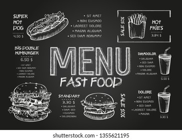Burger menu poster design on the chalkboard elements. Fast food menu skech style. Can be used for layout, banner, web design, brochure template. Vector illustration