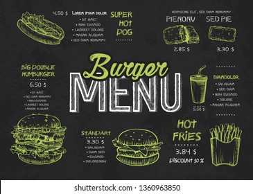Burger menu poster design on the chalkboard elements. Fast food menu skech style. Can be used for layout, banner, web design, brochure template. Vector illustration