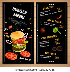 Burger menu poster design on the chalkboard elements. Fast food restaurant menu template. Lunch dishes and drinks list with prices and burger,for folding brochure design. Vector illustration - Images 