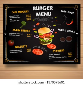 Burger menu poster design on the chalkboard elements. Fast food restaurant menu template. Lunch dishes and drinks list with prices and burger,for folding brochure design. Vector illustration - Images 