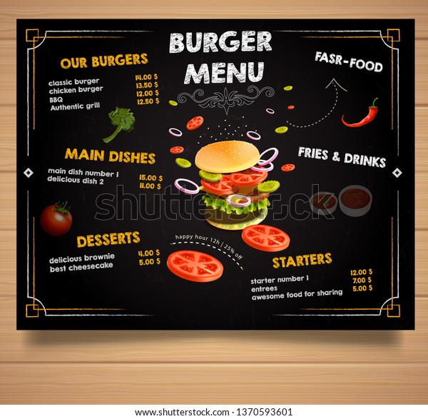 Burger Menu Poster Design On Chalkboard Stock Vector (Royalty Free ...