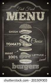 Burger Menu Poster on Chalkboard. Hamburger Ingredients. Vector Illustration.