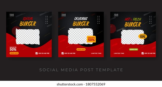 Burger menu promotion social media banner template. Red and black background design.