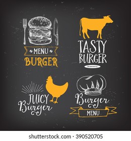 Burger Menu Restaurant Badges. Food Design Icons With Hand-drawing Elements. Graphic Labels For Fast Food Restaurant Template.