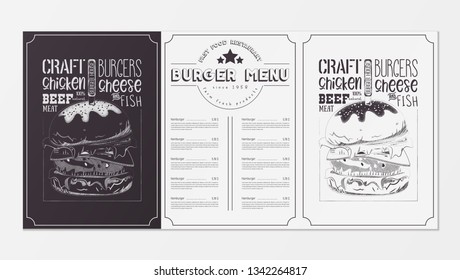 Burger Menu for Restaurant, Bar, Burger House. Template Placemat with Variants of Cover - Black Chalkboard and White Background. Hand-drawn Graphic Vector Illustrations - Big Hamburger or Cheeseburger