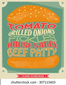 Burger menu, retro design poster. Hamburger ingredients. Vector illustration.