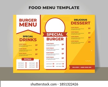 Burger menu template for fast food restaurant and cafe