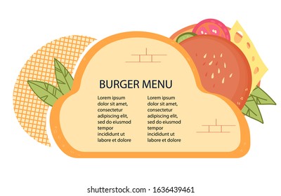 Burger menu template with hamburger sign and space for text. Fast food cuisine restaurant or cafe menu card mockup design. Flat vector illustration isolated.