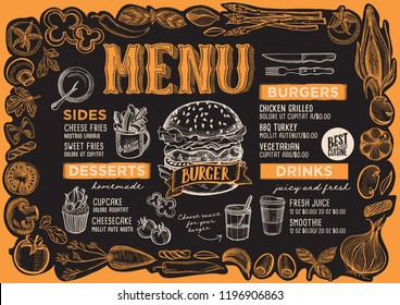 Burger menu template for restaurant on a blackboard background vector illustration brochure for food and drink cafe. Design layout with lettering and frame of hand-drawn graphic vegetables.