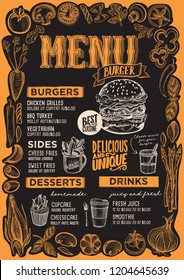 Burger menu template for restaurant on a blackboard background vector illustration brochure for food and drink cafe. Design layout with vintage lettering and frame of hand-drawn graphic vegetables.