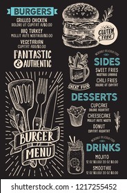 Burger menu template for restaurant on a blackboard background vector illustration brochure for food and drink cafe. Design layout with vintage lettering and doodle hand-drawn graphic.