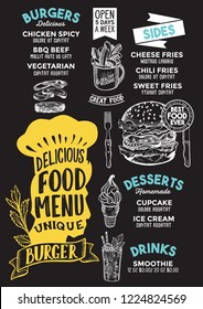 Burger menu template for restaurant on a blackboard background vector illustration brochure for gourmet food and drink cafe. Design layout with chefs hat lettering and doodle hand-drawn graphic.
