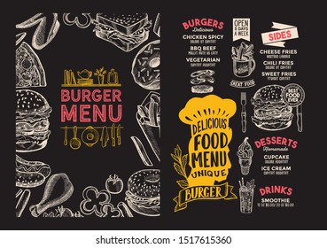 Burger menu template for restaurant on a blackboard background vector illustration brochure for food and drink cafe. Design layout with lettering and doodle hand-drawn graphic icons.