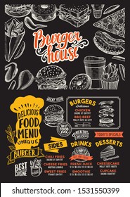 Burger menu template for restaurant on a blackboard background vector illustration brochure for food and drink cafe. Design layout with lettering and doodle hand-drawn graphic icons.
