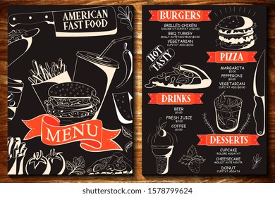 Burger menu template for restaurant on a blackboard background vector illustration brochure for food and drink cafe. Design layout with lettering and doodle hand-drawn graphic icons.
