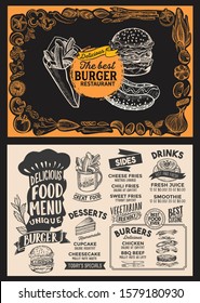 Burger menu template for restaurant on a blackboard background vector illustration brochure for food and drink cafe. Design layout with lettering and doodle hand-drawn graphic icons.