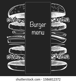 Burger menu template. Burger sketch on dark background. Vector illustration