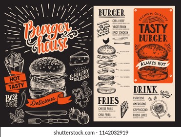Burger Menu. Vector Food Flyer For Restaurant And Cafe. Design Template With Vintage Hand-drawn Illustrations.