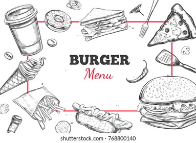 Burger menu. Vector hand drawn template with different illustrations of fastfood .