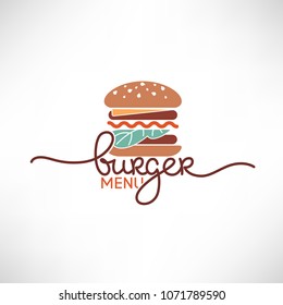 Burger Menu, Vector Logo Template With Simple Flat Burger Image And Lettering Composition