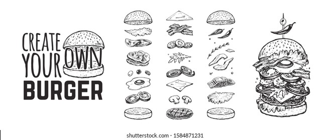 Burger menu. Vintage template with hand drawn sketches of a hamburger and its ingredients. Engraving style icons - bun, cucumbers, eggs, salad, tomatoes and cheese.