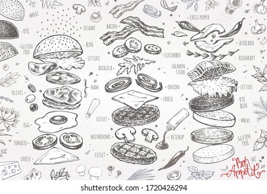 Burger menu. Vintage template with hand drawn sketches of a hamburger and its ingredients. Engraving style icons - bun, cucumbers, eggs, salad, tomatoes and cheese.