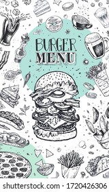 Burger menu. Vintage template with hand drawn sketches of hamburger and infographic with fast food ingredients. Engraving style vector icons - pizza, tacos, barbecue, beverages and sweets