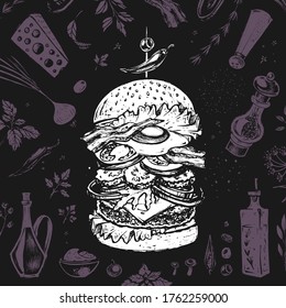 Burger menu. Vintage template with hand drawn sketches of a hamburger and its ingredients. Chalk style icons - bun, cutlet, cucumbers, tomatoes and cheese. Food art