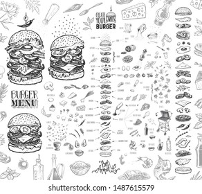 Burger menu. Vintage template with hand-drawn sketches of a hamburger and its ingredients. Engraving style icons - bun, cutlet, cucumbers, tomatoes and cheese.