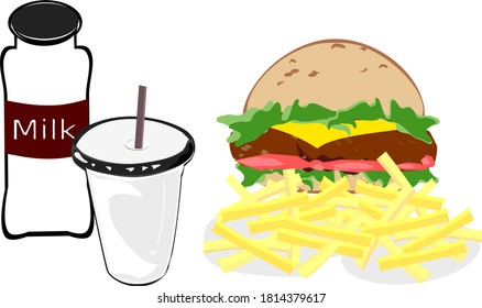 Burger and milk, french fries, breakfast and fast food, illustration vector