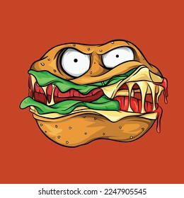 Burger Monster Cartoon Character. Vector Artwork of Freaky Cheese Burger illustration with Angry face in front view