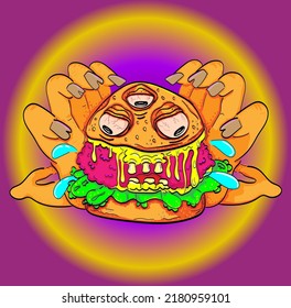 Burger monster cartoon characters with big hands. Vector illustration and tshirt, sticker, print design 