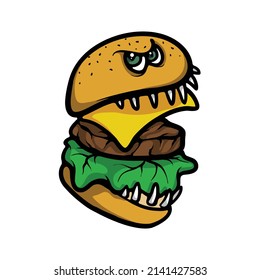 Burger monster cartoon vector character. Food mascot illustration